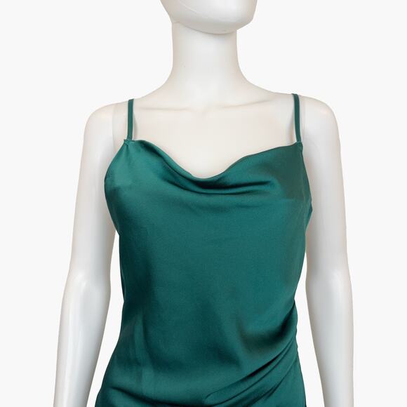 NWT 2BELLA "Sausalito" Satin Asymmetric Wrap Slit Midi Dress (Emerald | Size S) - Picture 4 of 9